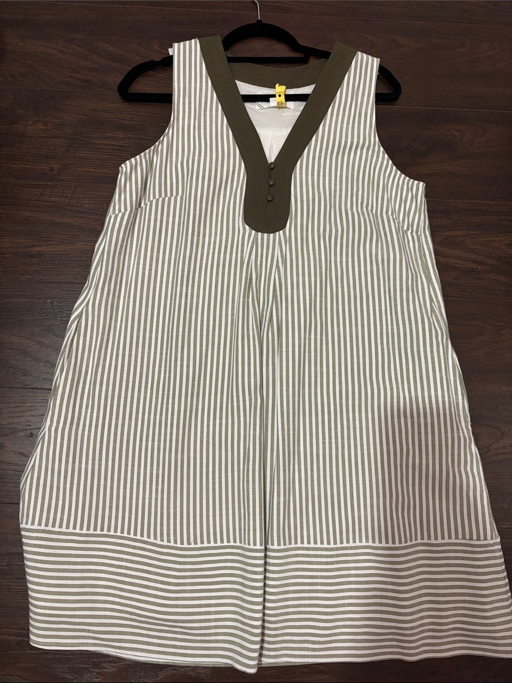 Pomander Place Cream and Olive Striped V-Neck Midi Dress